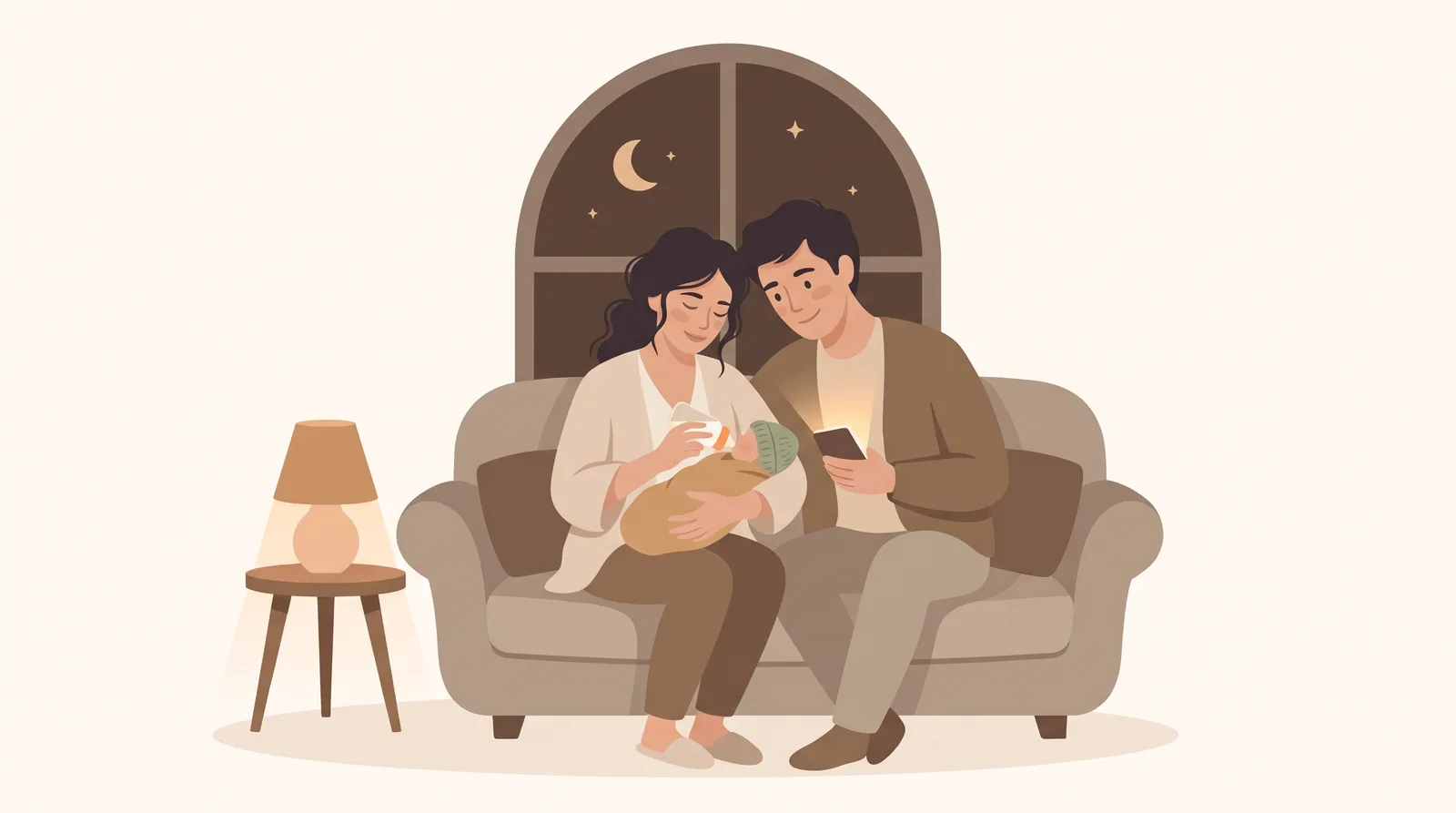 Deux parents sur un canapé la nuit, l'un donne le biberon, l'autre consulte l'app